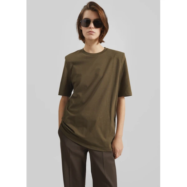 The Frankie Shop Carrington Padded Shoulder Tee – Olive Top, view 6