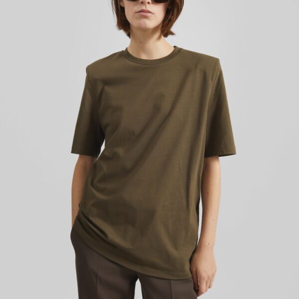 The Frankie Shop Carrington Padded Shoulder Tee - Olive - Oversized Minimalist Tops in Green - Shop at Coveti