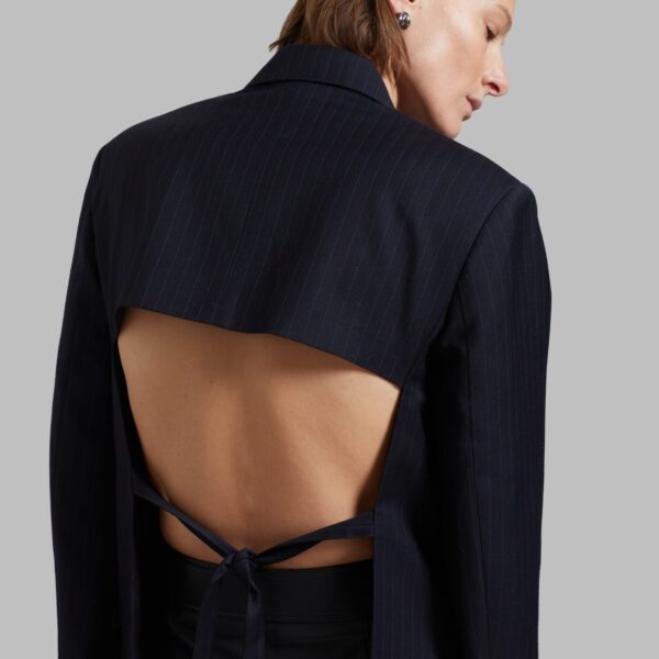 The Frankie Shop Cedric Open Back Blazer - Navy Stripe - Oversized Minimalist Jackets in Blue - Shop at Coveti