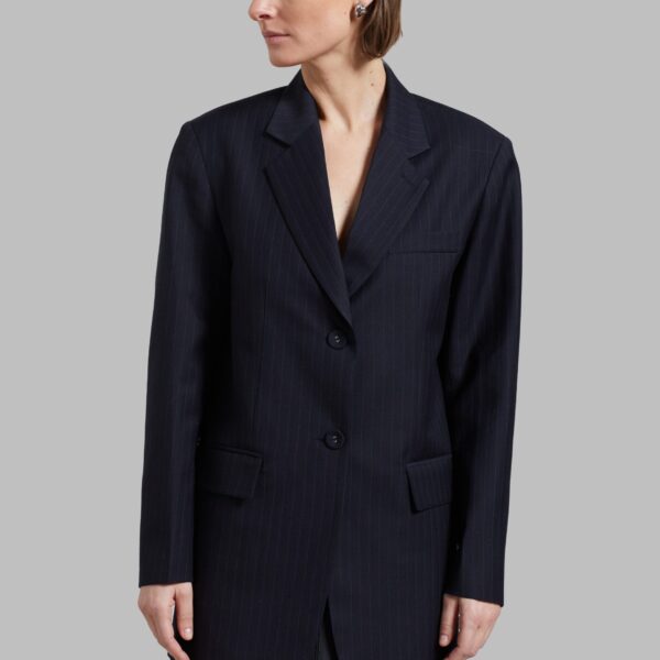 The Frankie Shop Cedric Open Back Blazer - Navy Stripe - Oversized Minimalist Jackets in Blue - Shop at Coveti