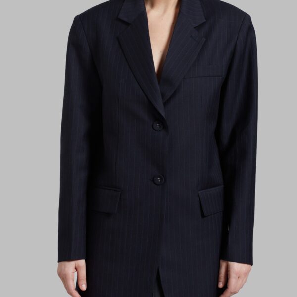 The Frankie Shop Cedric Open Back Blazer - Navy Stripe - Oversized Minimalist Jackets in Blue - Shop at Coveti
