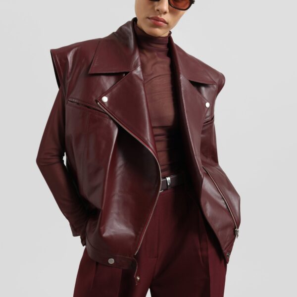 The Frankie Shop Cetina Leather Vest - Burgundy - Oversized Minimalist Jackets in Red - Shop at Coveti