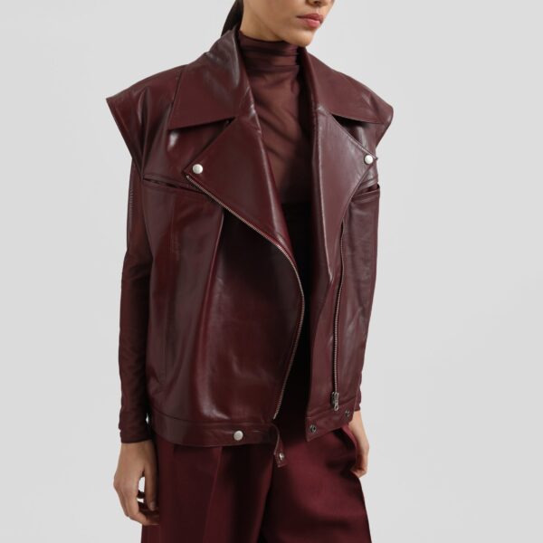 The Frankie Shop Cetina Leather Vest - Burgundy - Oversized Minimalist Jackets in Red - Shop at Coveti