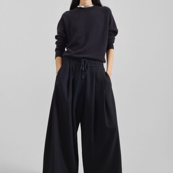 The Frankie Shop Corlen Pleated Wide Pants - Dark Navy - Oversized Minimalist Pants in Blue - Shop at Coveti
