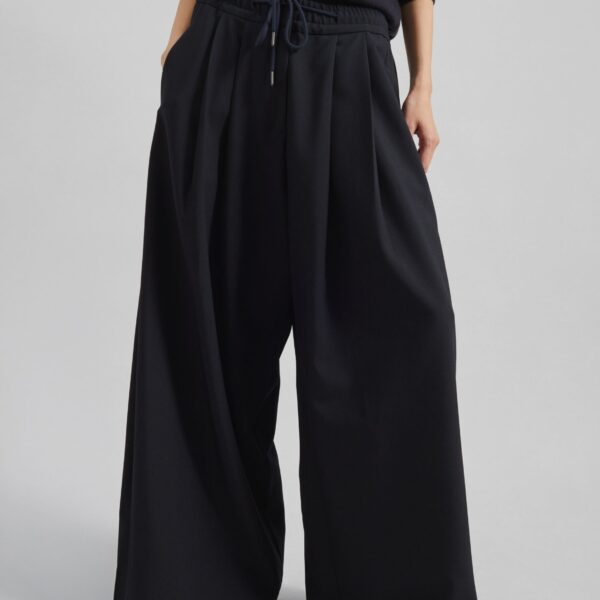 The Frankie Shop Corlen Pleated Wide Pants - Dark Navy - Oversized Minimalist Pants in Blue - Shop at Coveti