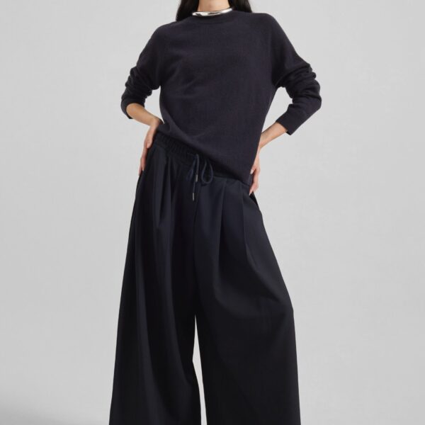 The Frankie Shop Corlen Pleated Wide Pants - Dark Navy - Oversized Minimalist Pants in Blue - Shop at Coveti