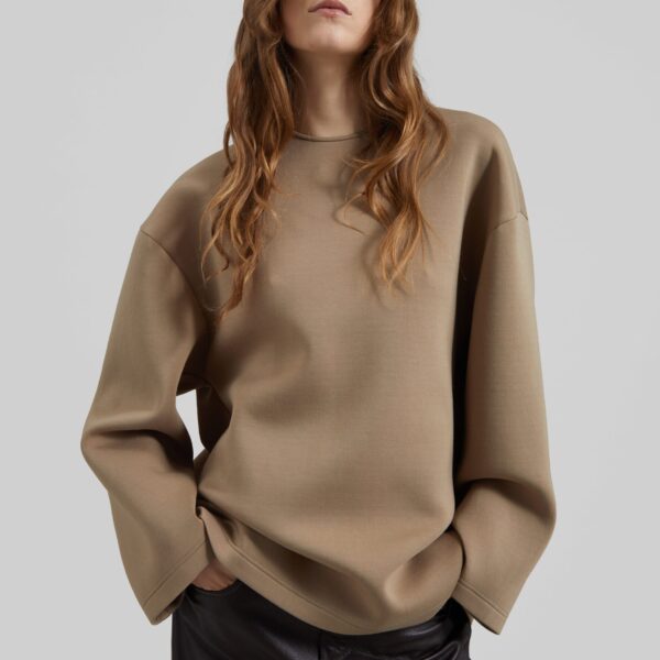 The Frankie Shop Delancey Long Sleeve Neoprene Top - Camel - Oversized Minimalist Tops in Brown - Shop at Coveti