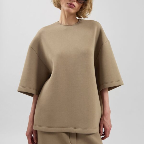 The Frankie Shop Delancey Neoprene Tee - Camel - Oversized Minimalist Tops in Brown - Shop at Coveti
