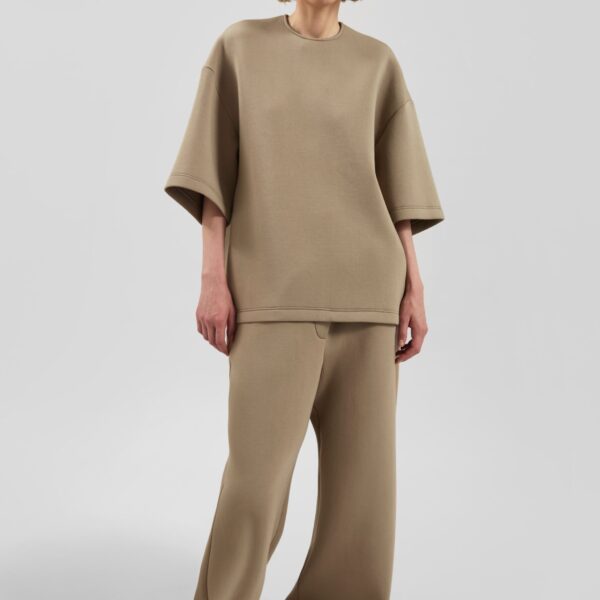 The Frankie Shop Delancey Neoprene Tee - Camel - Oversized Minimalist Tops in Brown - Shop at Coveti