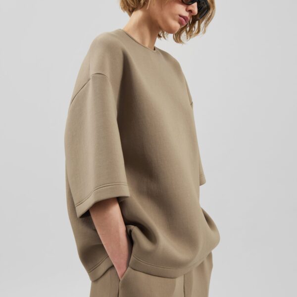 The Frankie Shop Delancey Neoprene Tee - Camel - Oversized Minimalist Tops in Brown - Shop at Coveti