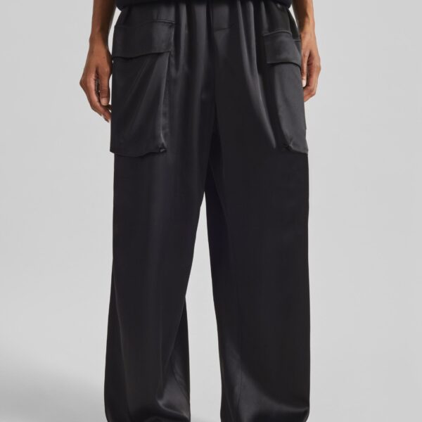The Frankie Shop Delny Satin Cargo Pants - Black - Oversized Minimalist Pants in Black - Shop at Coveti