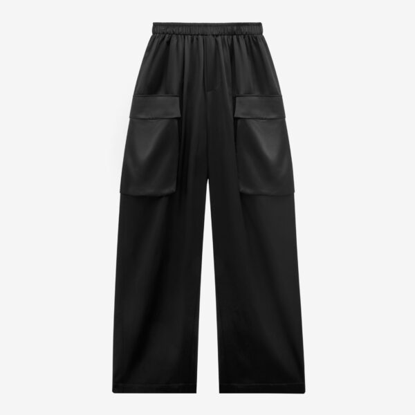 The Frankie Shop Delny Satin Cargo Pants - Black - Oversized Minimalist Pants in Black - Shop at Coveti