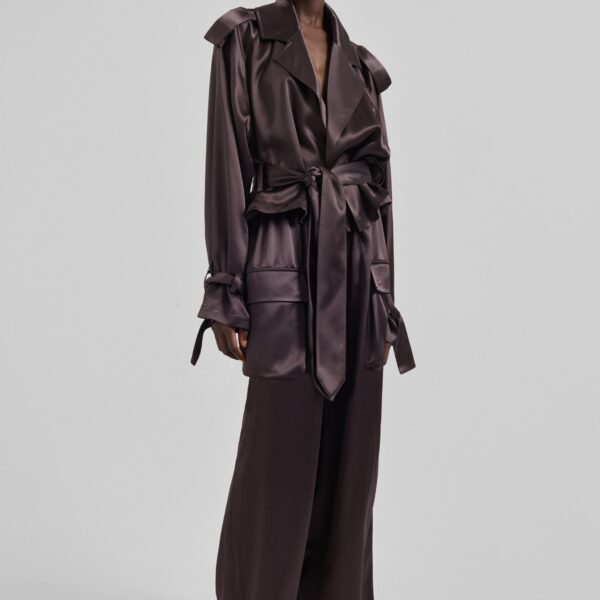 The Frankie Shop Delny Satin Cargo Pants - Dark Brown - Oversized Minimalist Pants in Brown - Shop at Coveti