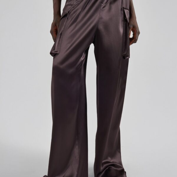 The Frankie Shop Delny Satin Cargo Pants - Dark Brown - Oversized Minimalist Pants in Brown - Shop at Coveti