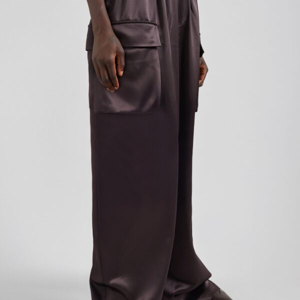 The Frankie Shop Delny Satin Cargo Pants - Dark Brown - Oversized Minimalist Pants in Brown - Shop at Coveti