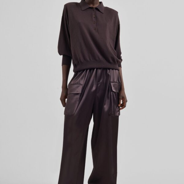 The Frankie Shop Delny Satin Cargo Pants - Dark Brown - Oversized Minimalist Pants in Brown - Shop at Coveti