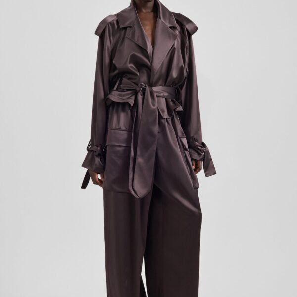 The Frankie Shop Delny Satin Cargo Pants - Dark Brown - Oversized Minimalist Pants in Brown - Shop at Coveti