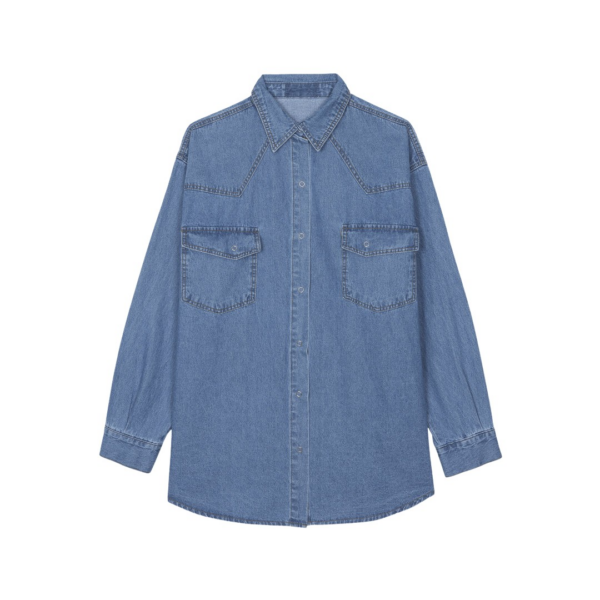 The Frankie Shop Desona Denim Shirt - Medium Wash - Oversized Minimalist Tops in Blue - Shop at Coveti