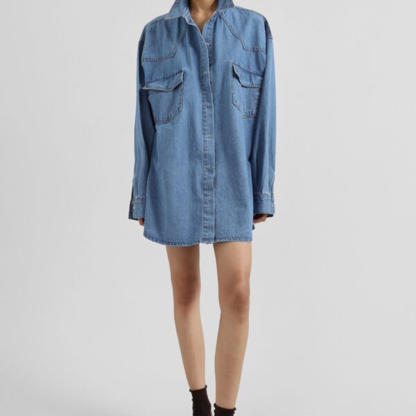 The Frankie Shop Desona Denim Shirt - Medium Wash - Oversized Minimalist Tops in Blue - Shop at Coveti
