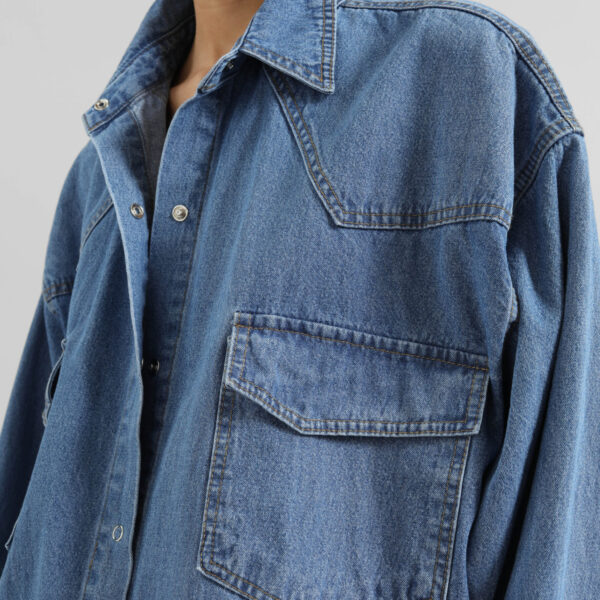 The Frankie Shop Desona Denim Shirt - Medium Wash - Oversized Minimalist Tops in Blue - Shop at Coveti