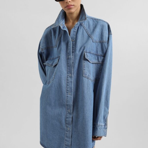 The Frankie Shop Desona Denim Shirt - Medium Wash - Oversized Minimalist Tops in Blue - Shop at Coveti
