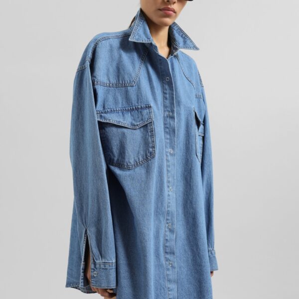 The Frankie Shop Desona Denim Shirt - Medium Wash - Oversized Minimalist Tops in Blue - Shop at Coveti