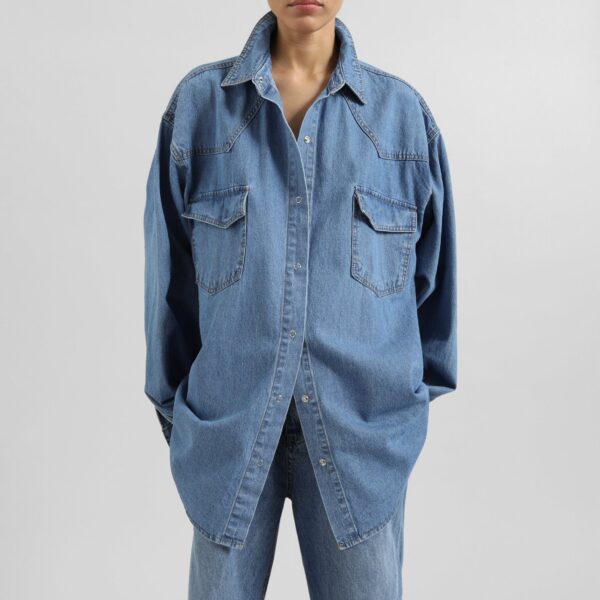 The Frankie Shop Desona Denim Shirt - Medium Wash - Oversized Minimalist Tops in Blue - Shop at Coveti