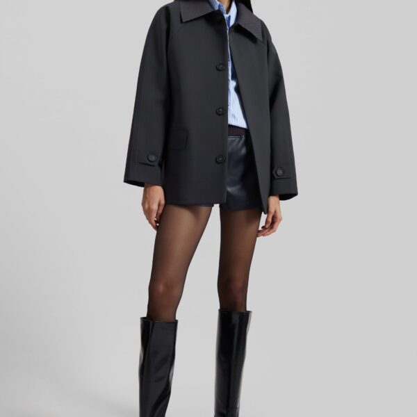 The Frankie Shop Ebbe Contrast Collar Boxy Jacket - Charcoal - Oversized Minimalist Jackets in Blue - Shop at Coveti