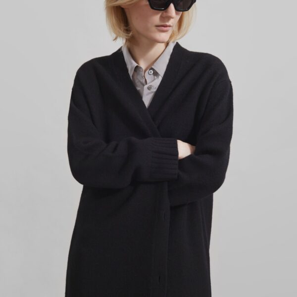 The Frankie Shop Emi Long Knit Cardigan - Black - Oversized Minimalist Knitwear in Black - Shop at Coveti
