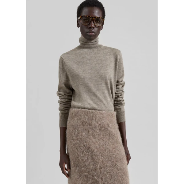 The Frankie Shop Eve Thin Turtleneck Sweater - Taupe - Oversized Minimalist Knitwear in Brown - Shop at Coveti