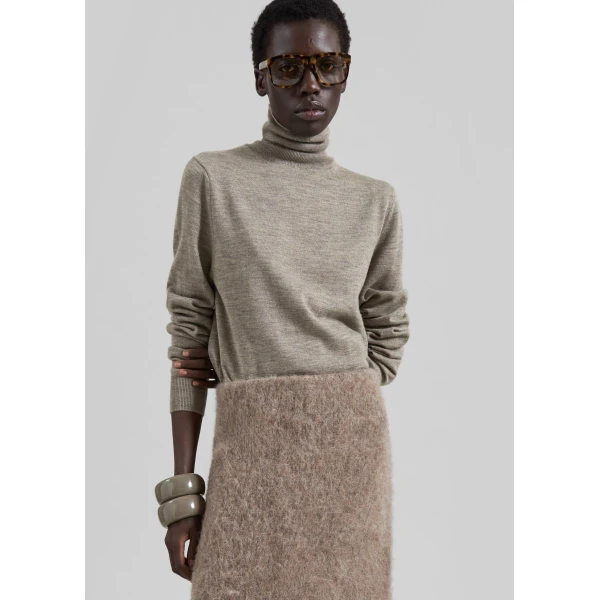 The Frankie Shop Eve Thin Turtleneck Sweater - Taupe - Oversized Minimalist Knitwear in Brown - Shop at Coveti