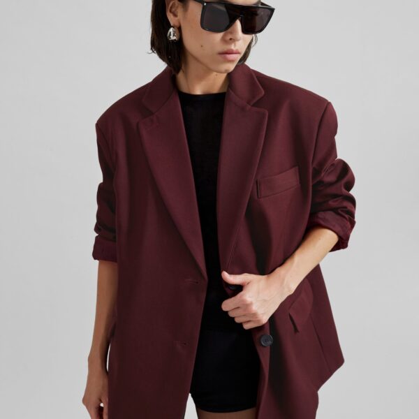 The Frankie Shop Frankie Oversized Boyfriend Blazer - Burgundy - Oversized Minimalist Jackets in Red - Shop at Coveti