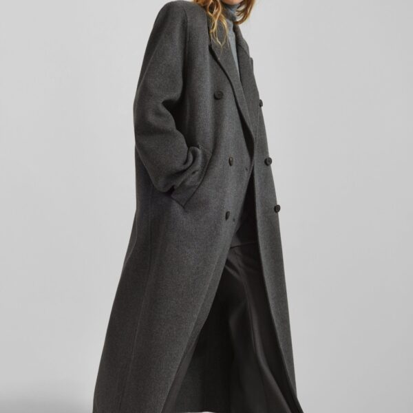 The Frankie Shop Gaia Double Breasted Coat - Dark Grey Melange - Oversized Minimalist Coats in Grey - Shop at Coveti