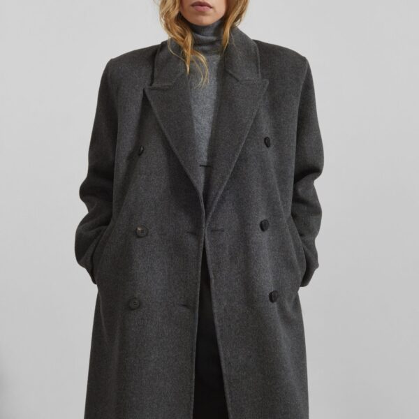 The Frankie Shop Gaia Double Breasted Coat - Dark Grey Melange - Oversized Minimalist Coats in Grey - Shop at Coveti