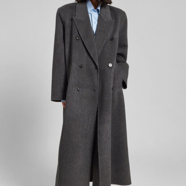 The Frankie Shop Gaia Double Breasted Coat - Dark Grey Melange - Oversized Minimalist Coats in Grey - Shop at Coveti