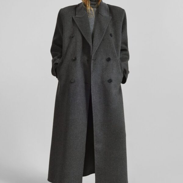 The Frankie Shop Gaia Double Breasted Coat - Dark Grey Melange - Oversized Minimalist Coats in Grey - Shop at Coveti