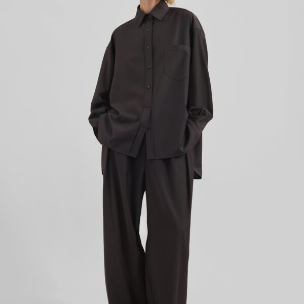 The Frankie Shop Georgia Wool Blend Shirt - Brown - Oversized Minimalist Tops in Brown - Shop at Coveti