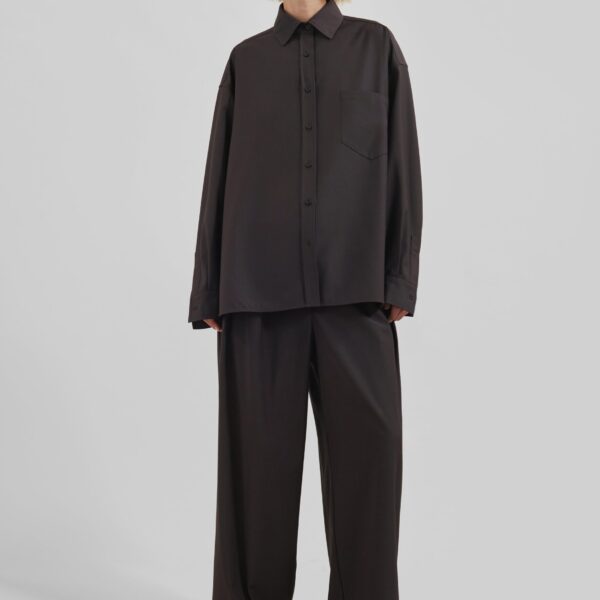 The Frankie Shop Georgia Wool Blend Shirt - Brown - Oversized Minimalist Tops in Brown - Shop at Coveti