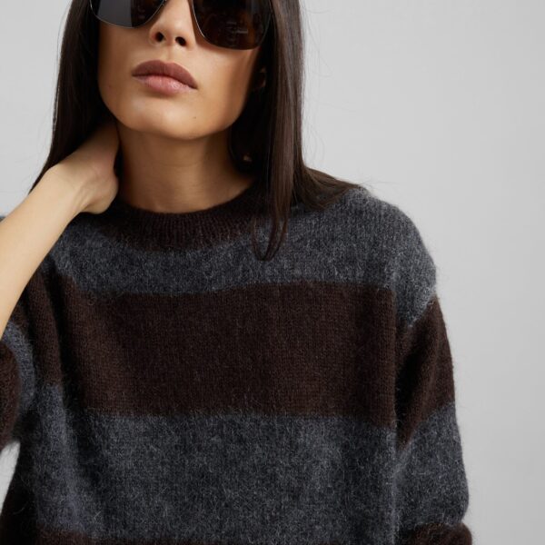 The Frankie Shop Gimel Mohair Sweater - Grey/Brown Stripe - Oversized Minimalist Knitwear in Brown - Shop at Coveti