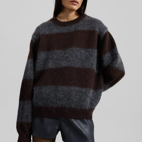 The Frankie Shop Gimel Mohair Sweater - Grey/Brown Stripe - Oversized Minimalist Knitwear in Brown - Shop at Coveti