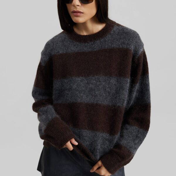 The Frankie Shop Gimel Mohair Sweater - Grey/Brown Stripe - Oversized Minimalist Knitwear in Brown - Shop at Coveti