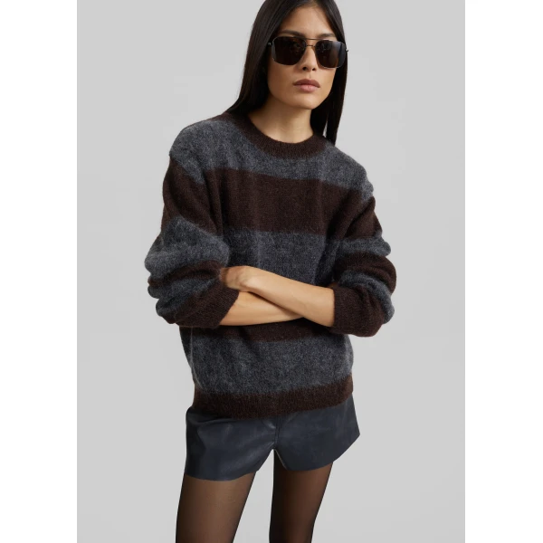 The Frankie Shop Gimel Mohair Sweater – Grey/Brown Stripe, view 7