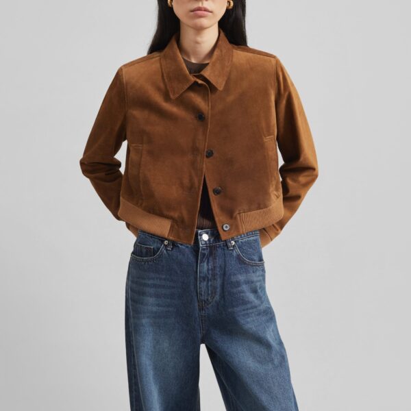 The Frankie Shop Hartford Suede Short Jacket - Dark Camel - Oversized Minimalist Jackets in Brown - Shop at Coveti