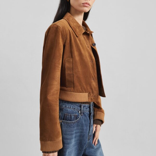 The Frankie Shop Hartford Suede Short Jacket - Dark Camel - Oversized Minimalist Jackets in Brown - Shop at Coveti