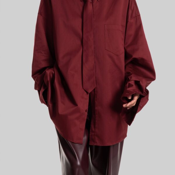 The Frankie Shop Havelock Oversized Neck-Tie Shirt - Dark Red - Oversized Minimalist Tops in Red - Shop at Coveti