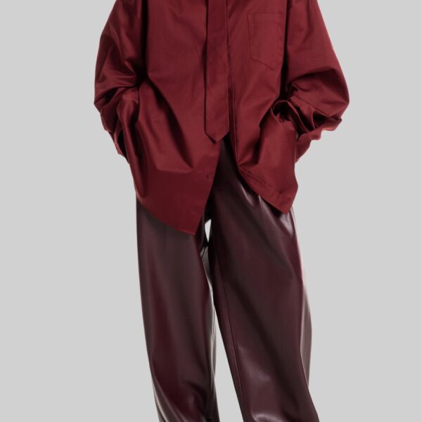 The Frankie Shop Havelock Oversized Neck-Tie Shirt - Dark Red - Oversized Minimalist Tops in Red - Shop at Coveti