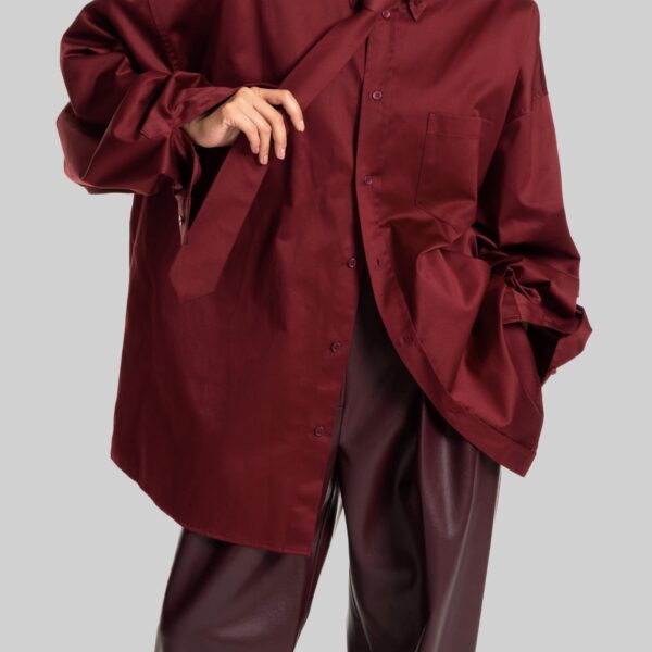 The Frankie Shop Havelock Oversized Neck-Tie Shirt - Dark Red - Oversized Minimalist Tops in Red - Shop at Coveti