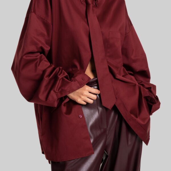 The Frankie Shop Havelock Oversized Neck-Tie Shirt - Dark Red - Oversized Minimalist Tops in Red - Shop at Coveti