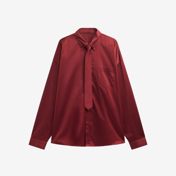 The Frankie Shop Havelock Oversized Neck-Tie Shirt - Dark Red - Oversized Minimalist Tops in Red - Shop at Coveti