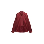 The Frankie Shop Havelock Oversized Neck-Tie Shirt - Dark Red - Oversized Minimalist Tops in Red - Shop at Coveti